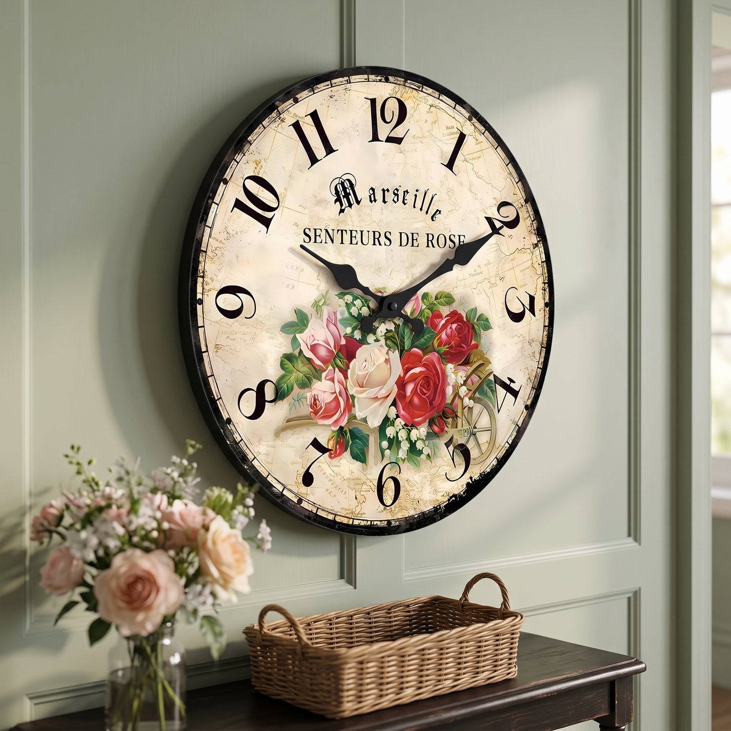 Horloge Murale Vintage Motif Rose en Bois et Bambou, Silencieuse et Romantique – Roséva