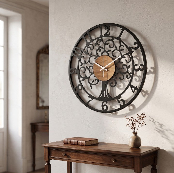 Horloge Murale Industrielle Arbre de Vie en Fer Forgé, Silencieuse et Artistique – Arboria