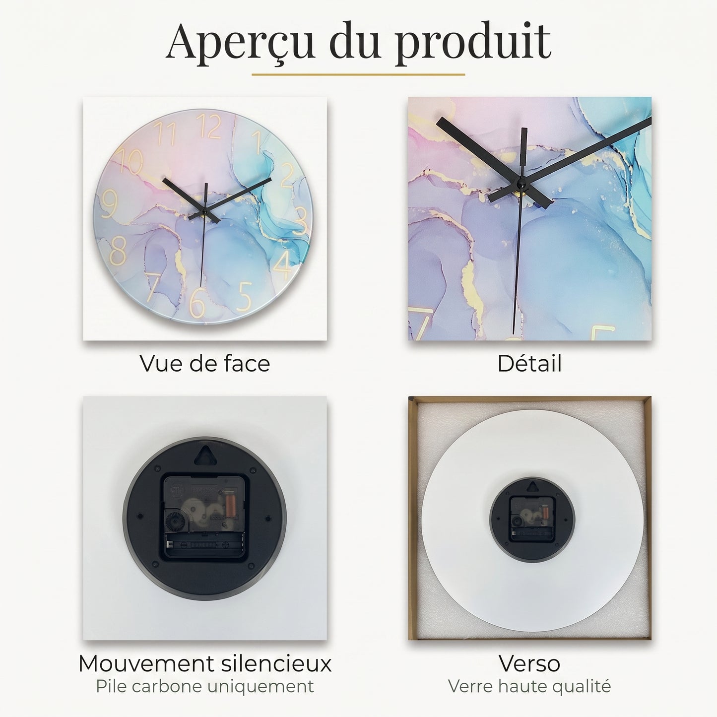 Horloge Murale Design en Verre Trempé Effet Marbre, Silencieuse et Moderne – Marelia