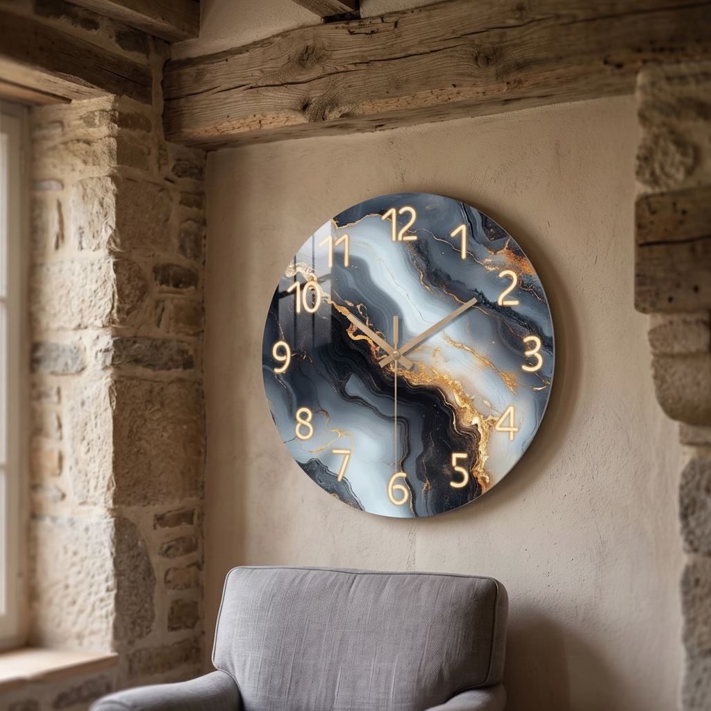 Horloge Murale en Bois Effet Marbre Bleu et Or, Silencieuse et Élégante – Auralis