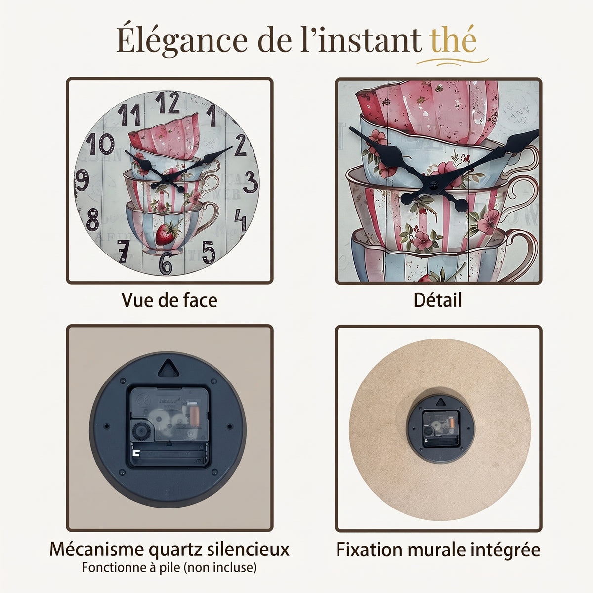 Horloge Murale Vintage Motif Tasse à Thé Fleurie, Silencieuse – Théodine