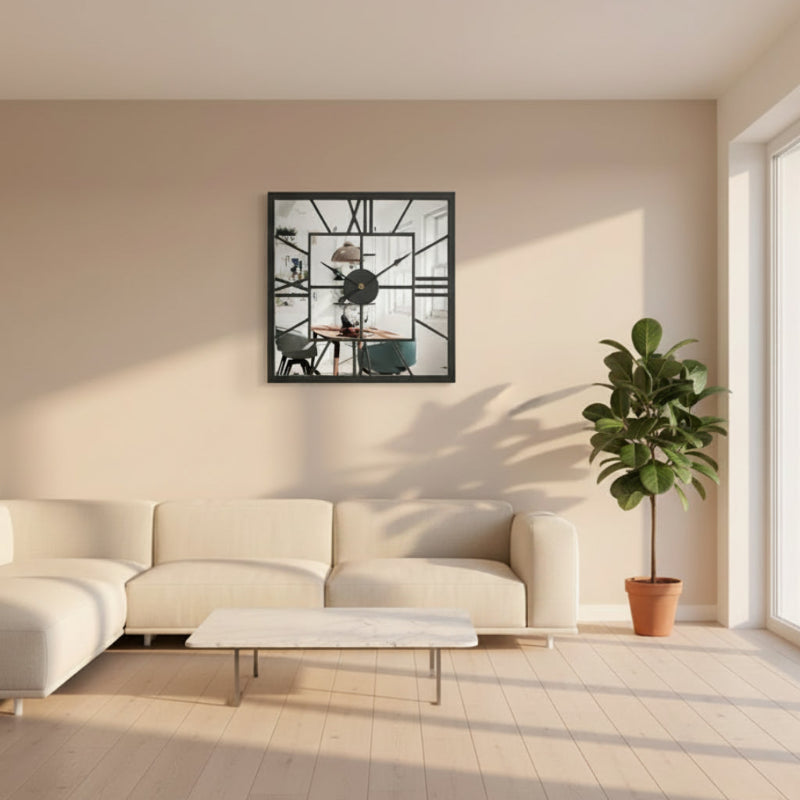 Horloge Murale Design Carrée en Métal avec Miroir, Silencieuse et Élégante – Mirova