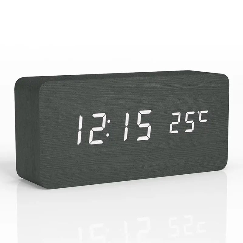 Horloge Numérique LED en Bois avec Température et 3 Alarmes – Niditon
