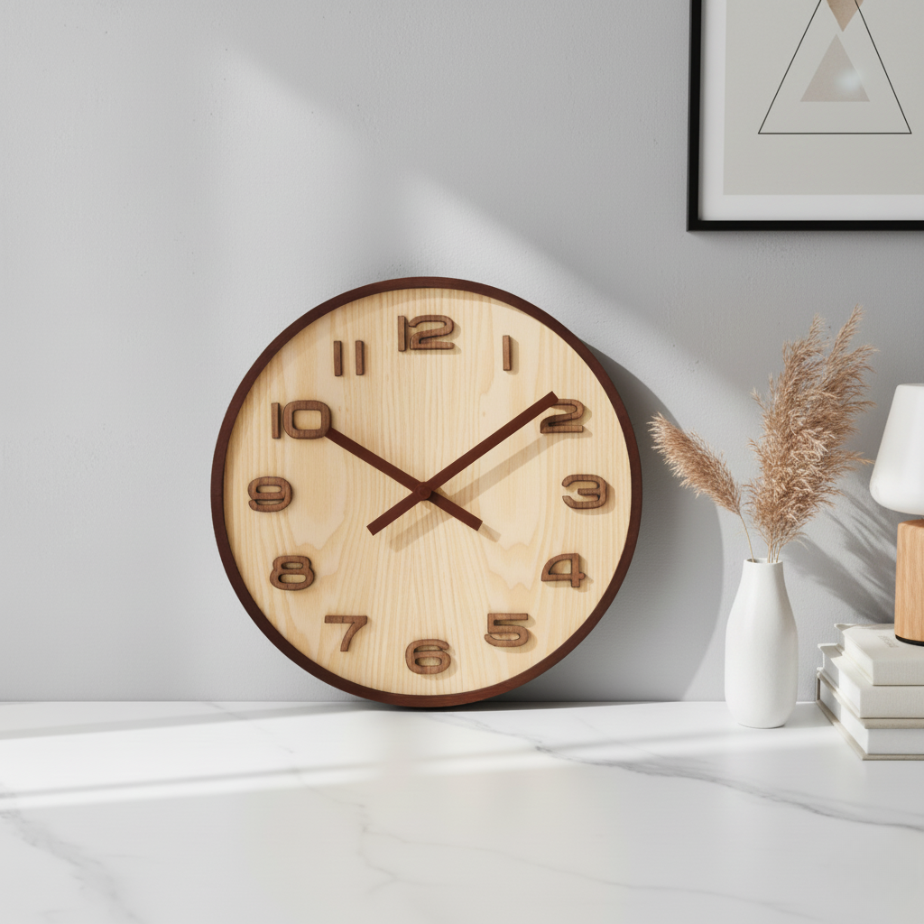 Horloge Murale Design Ronde en Bois de Noyer, Silencieuse et Naturelle – Tempora