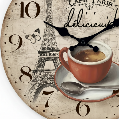 Horloge Murale Design Originale Motif Paris et Tour Eiffel, Analogique et Silencieuse – Paris Café