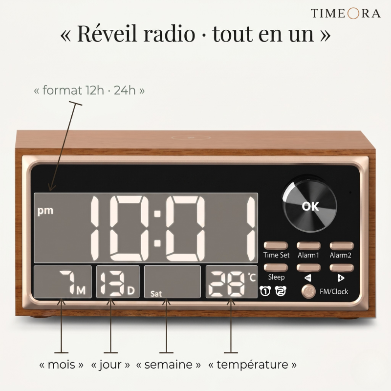 Horloge Numérique Rétro FM Radio avec Chargement Sans Fil 15W, Double Alarme et Auto-Gradation – Rétroxa
