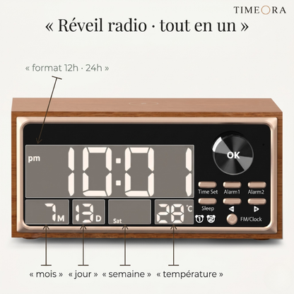 Réveil Radio FM Rétro avec Chargement Sans Fil 15W, Double Alarme – Rétroxa