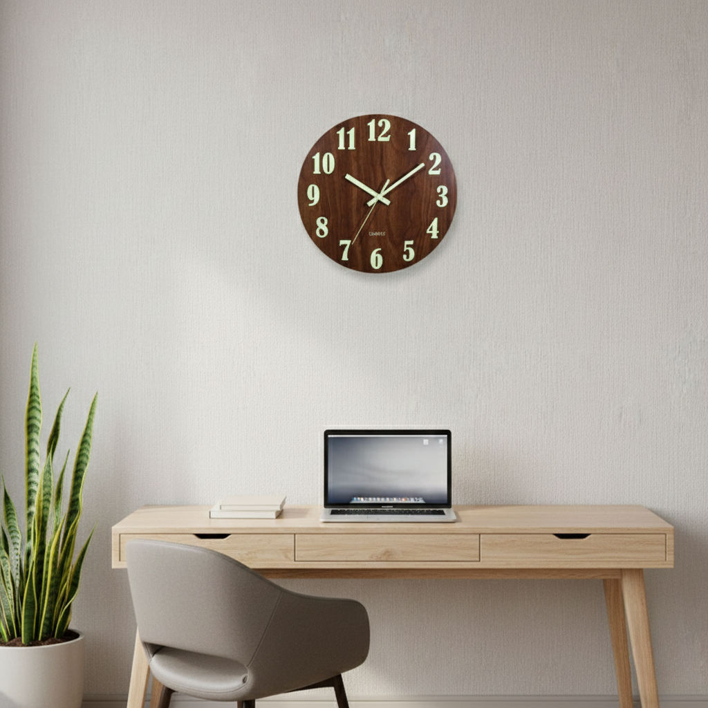 Horloge Murale Design Lumineuse en Bois, Silencieuse et Veilleuse Intégrée – Novara