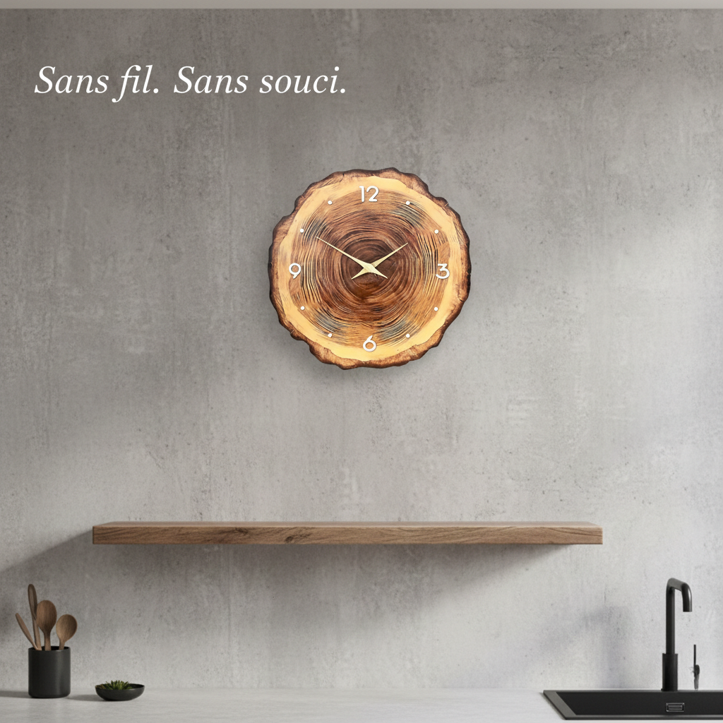 Horloge murale en bois effet tranche naturelle, silencieuse et décorative – Arboris