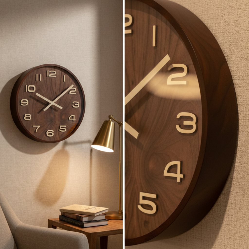 Horloge Murale Design Ronde en Bois de Noyer, Silencieuse et Naturelle – Tempora