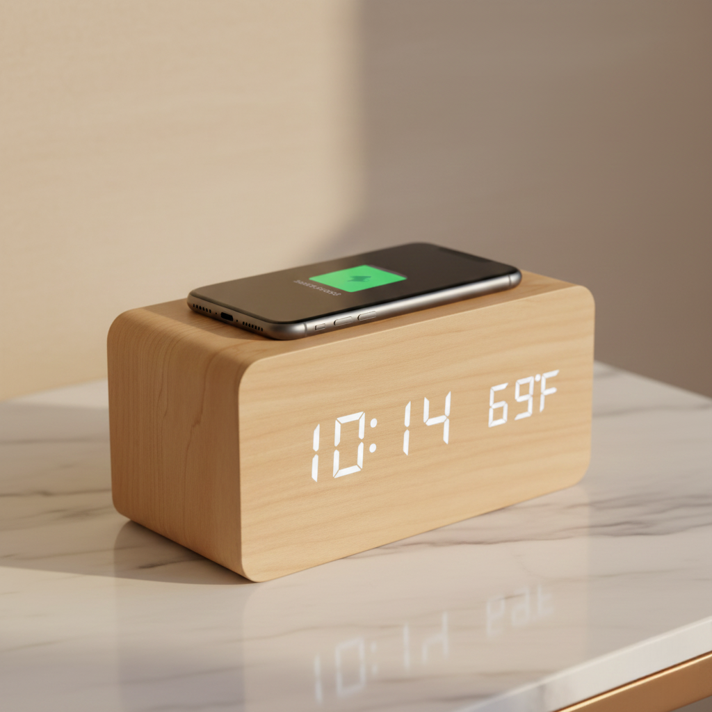 Horloge Numérique en Bois avec Recharge Sans Fil - Chroniva