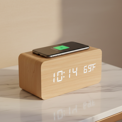 Réveil en Bois avec Recharge Sans Fil et 3 Alarmes – Chroniva