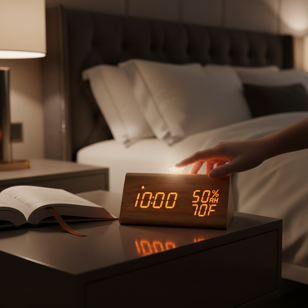 Horloge Numérique LED en Bois avec Réveil, Température & Charge USB – Luminis