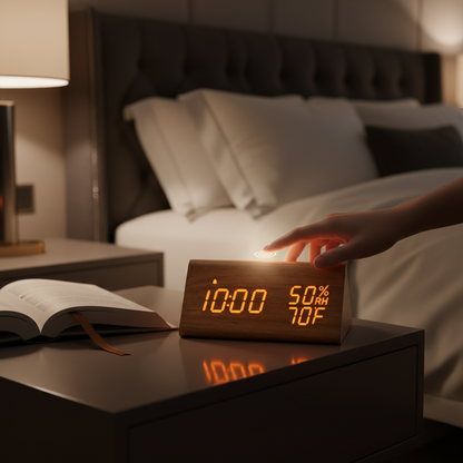 Réveil en Bois LED avec Température et Charge USB – Luminis