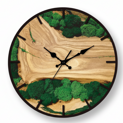 Horloge Murale Design Nature en Résine et Bois avec Mousse, Silencieuse et Unique – Naturova