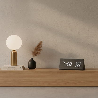 Réveil en Bois LED avec Température et Charge USB – Luminis