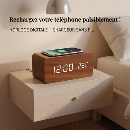 Réveil en Bois avec Recharge Sans Fil et 3 Alarmes – Chroniva
