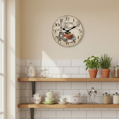 Horloge Murale Design Originale Motif Paris et Tour Eiffel, Analogique et Silencieuse – Paris Café