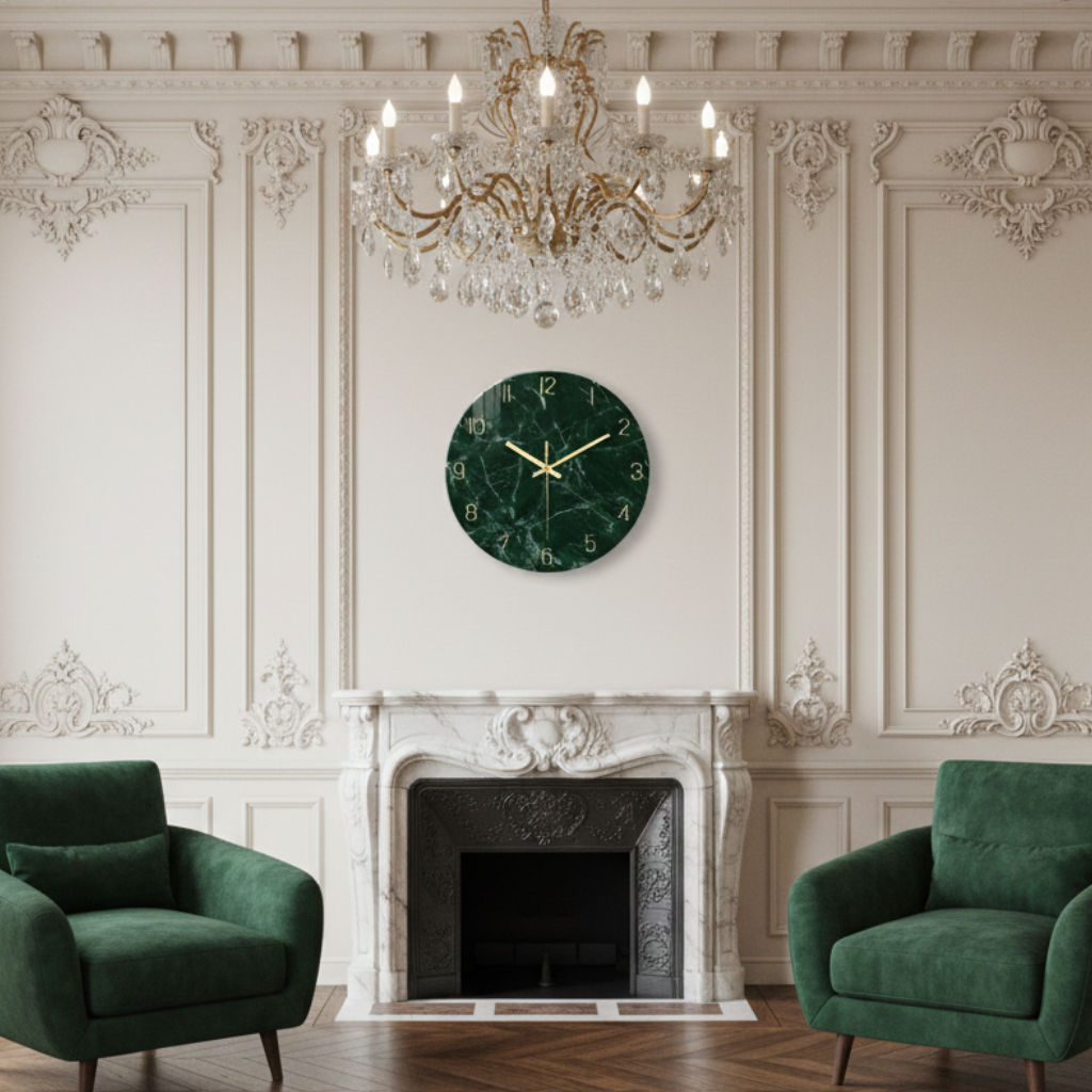 Horloge murale design en verre trempé effet marbre vert, analogique et silencieuse