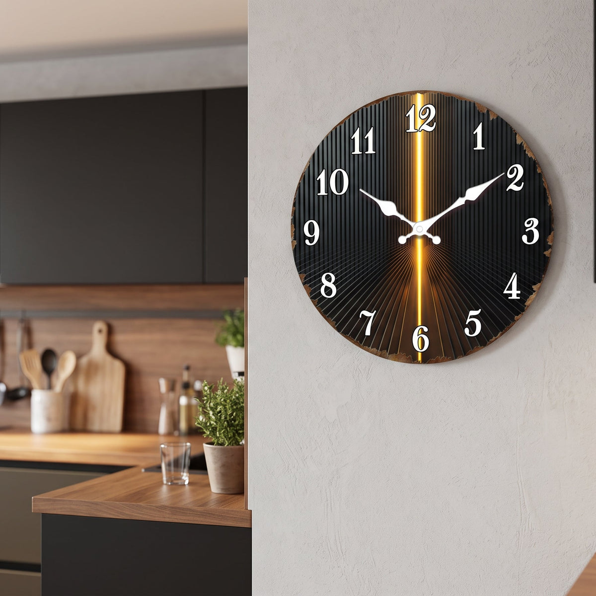 Horloge Murale Moderne Rayures Noir & Or, Silencieuse – Rayonna