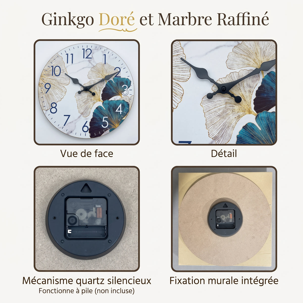 Horloge Murale Design Moderne Feuille de Ginkgo en Bois, Silencieuse – Ginkyra