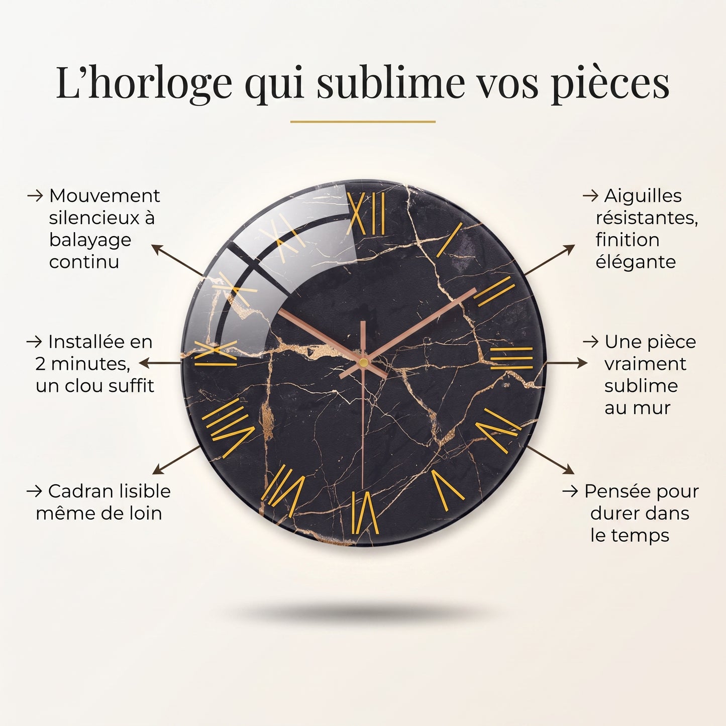 Horloge Murale Design en Verre Trempé Effet Marbre Noir et Or, Silencieuse et Raffinée – Marnova