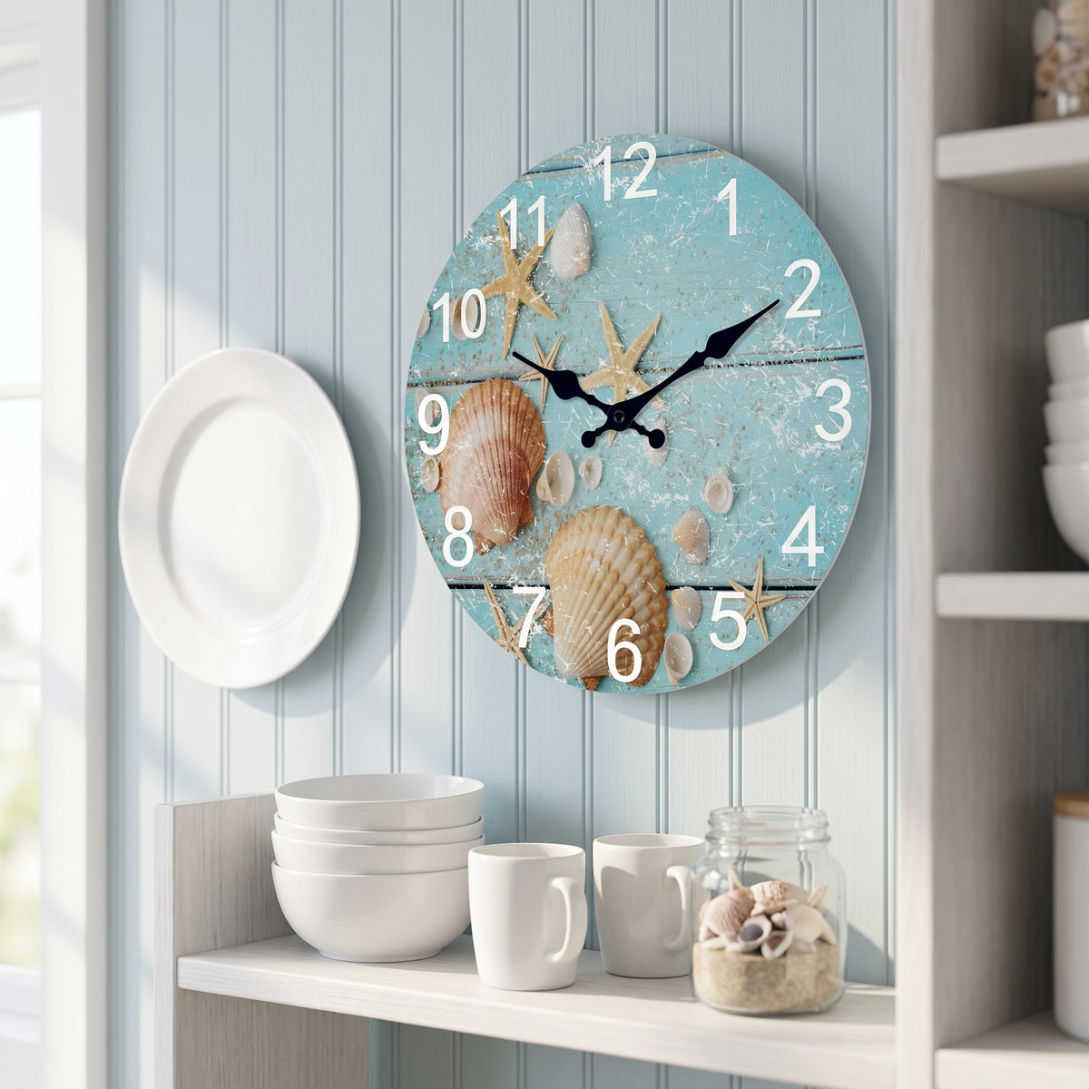 Horloge Murale en Bois Motif Étoiles de Mer, Silencieuse – Coralinne
