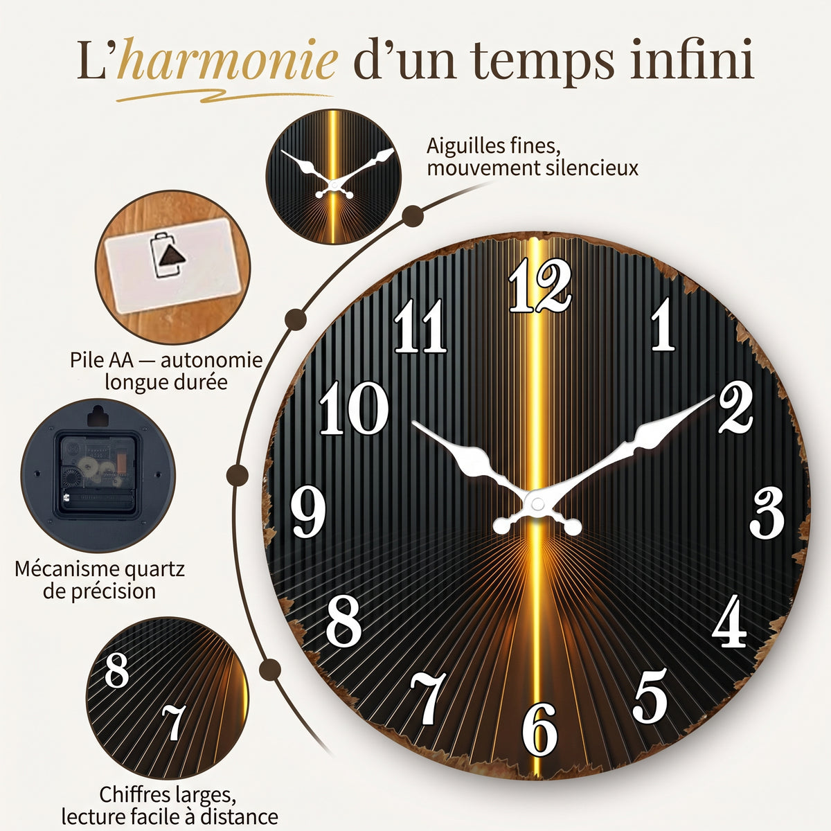 Horloge Murale Moderne Rayures Noir & Or, Silencieuse – Rayonna