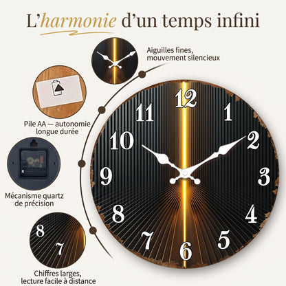 Horloge Murale Moderne Rayures Noir & Or, Silencieuse – Rayonna