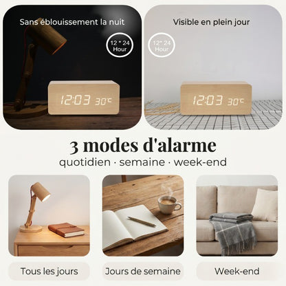 Réveil en Bois LED avec Température et 3 Alarmes – Niditon