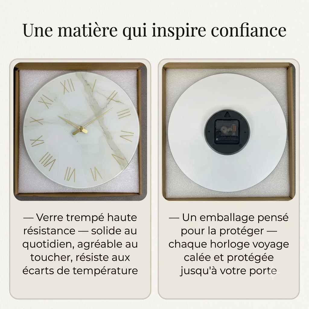 Horloge Murale Design Verre Trempé Effet Marbre, Chiffres Romains Dorés et Silencieuse – Marbreo
