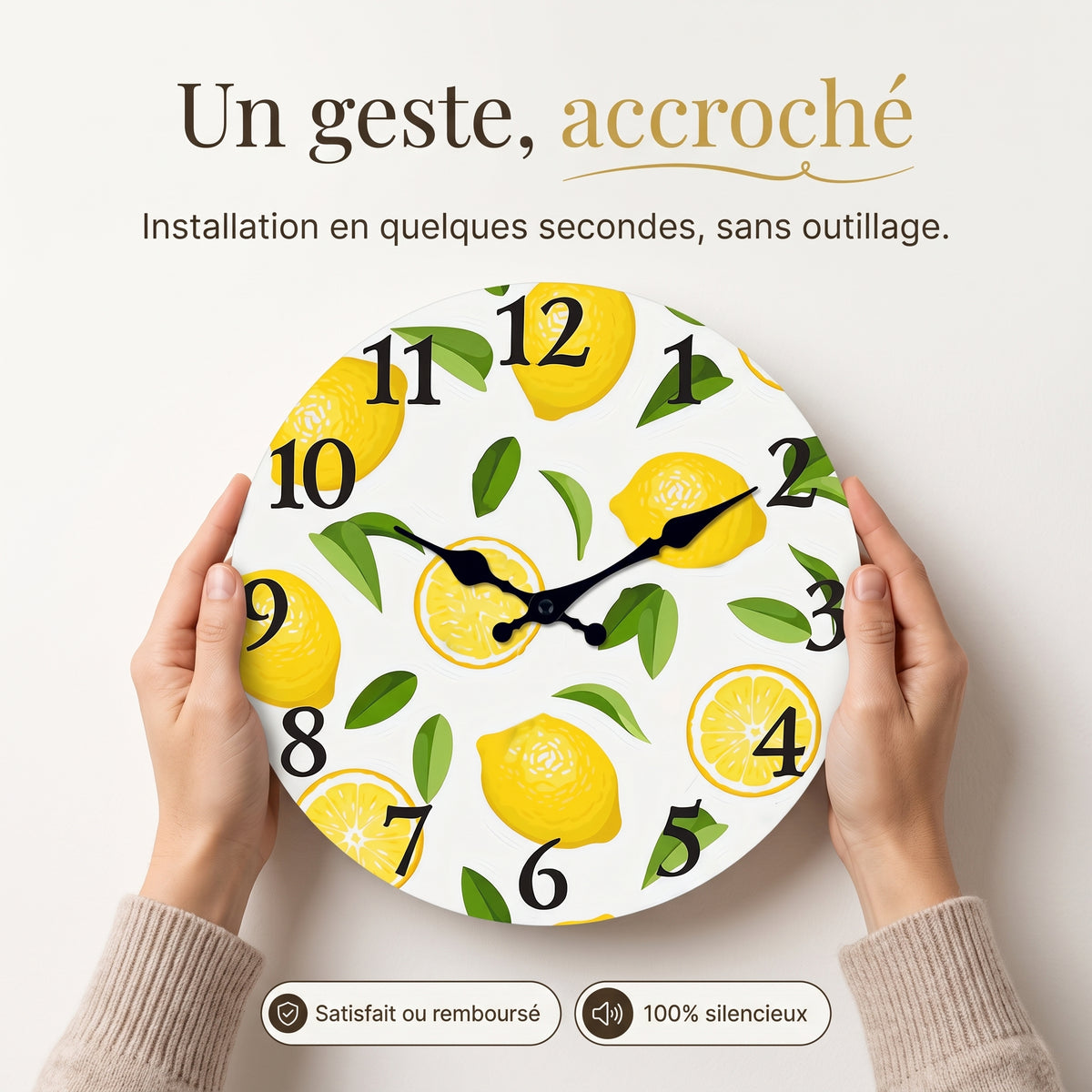 Horloge Murale Bois Citron et Feuillage, Silencieuse – Verdolia