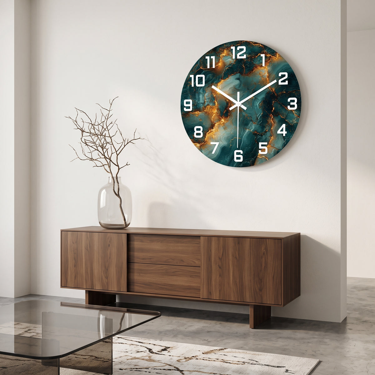 Horloge Murale Design Effet Marbre Bleu Sarcelle et Doré en MDF, Silencieuse et Élégante – Sarcelora