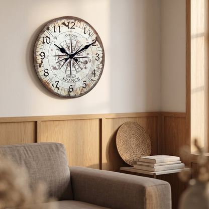 Horloge Murale Vintage Motif Boussole, Silencieuse – Cardinia