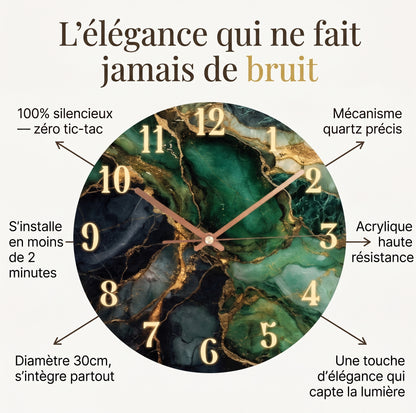 Horloge Murale Design Effet Marbre Vert et Or, Silencieuse et Élégante – Émeraldia