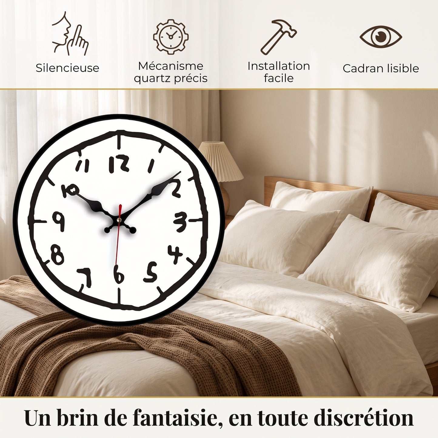 Horloge Murale Originale Effet Croquis Dessiné Main, Silencieuse et Bois – Griffonia