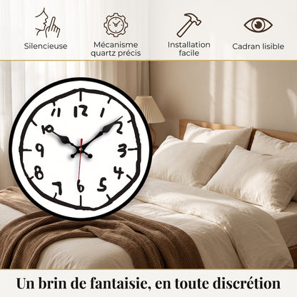 Horloge Murale Originale Effet Croquis Dessiné Main, Silencieuse et Bois – Griffonia