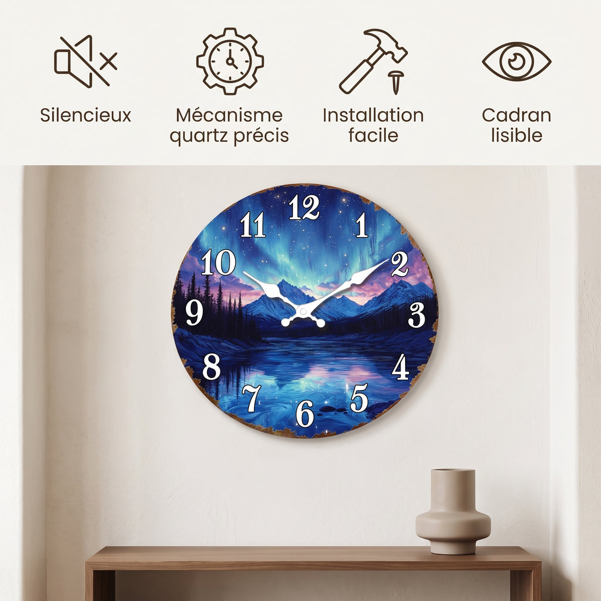 Horloge Murale Originale Aurore Boréale, Silencieuse et Scénique – Auréa