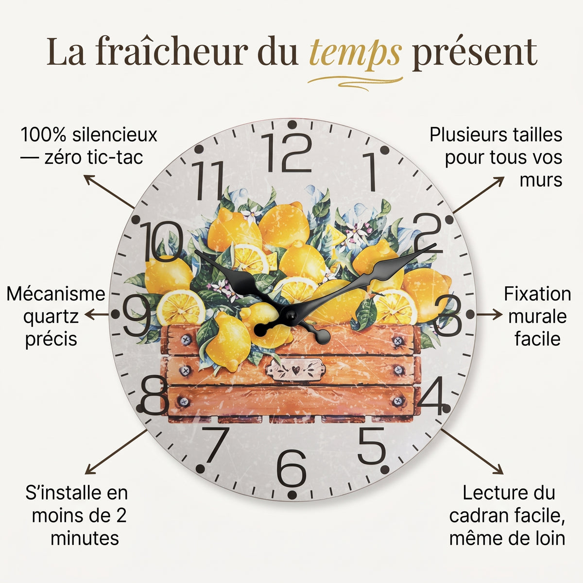 Horloge Murale Originale Citron en Bois, Silencieuse – Zestia