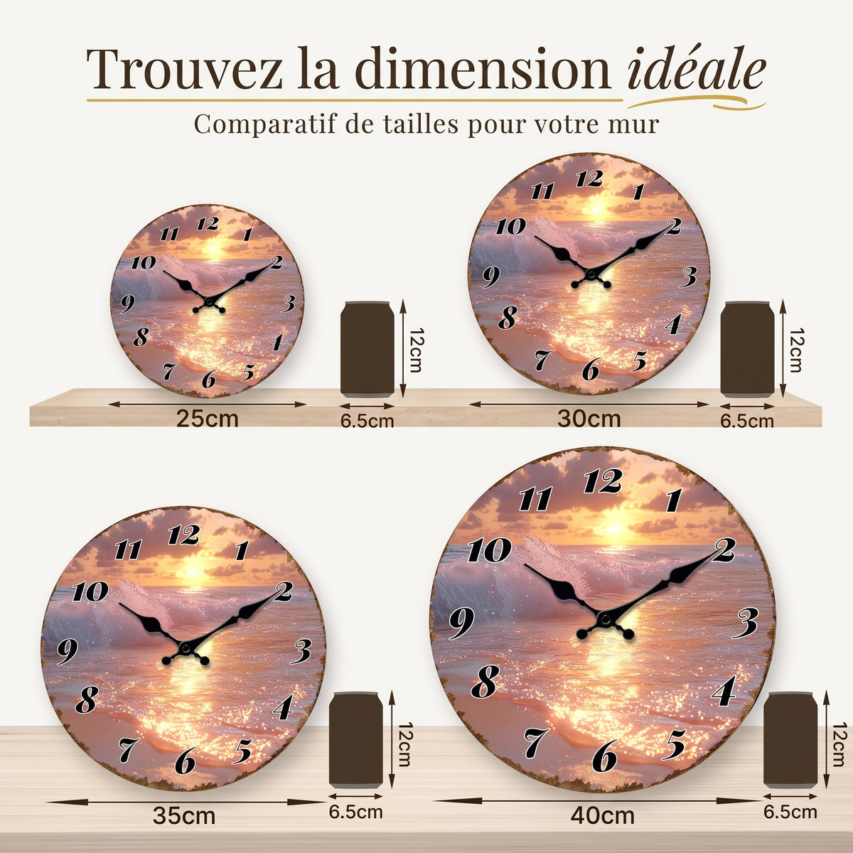 Horloge Murale Originale Coucher de Soleil Marin, Silencieuse – Ondalia
