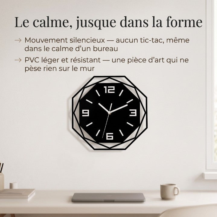 Horloge Murale Design Géométrique Noire, Silencieuse et Minimaliste – Geoma