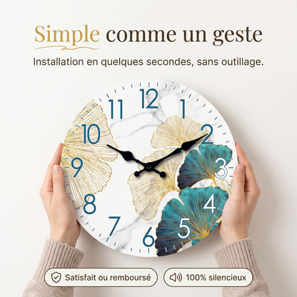 Horloge Murale Design Moderne Feuille de Ginkgo en Bois, Silencieuse – Ginkyra