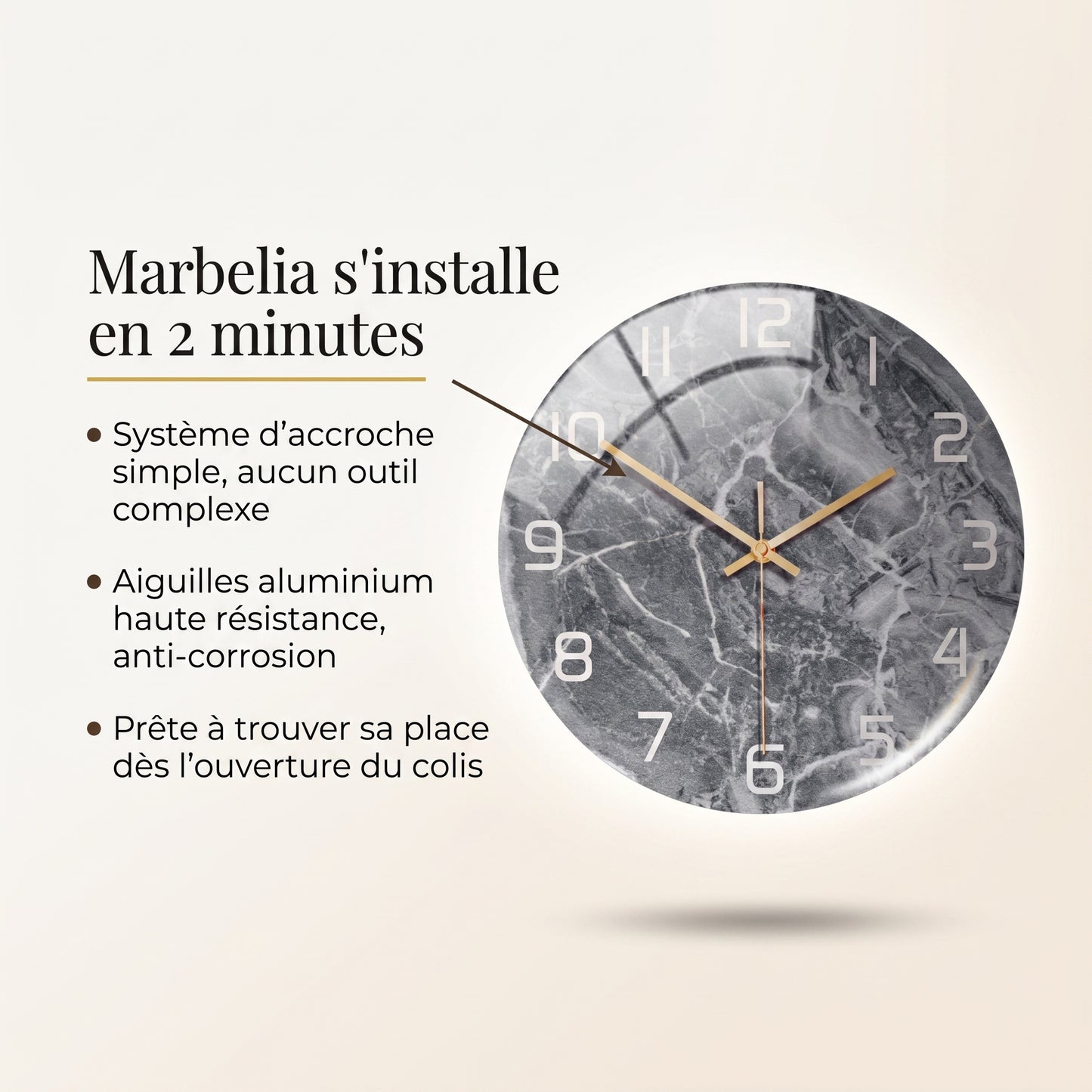 Horloge Murale Design Effet Marbre 3D en Acrylique, Silencieuse – Marbelia