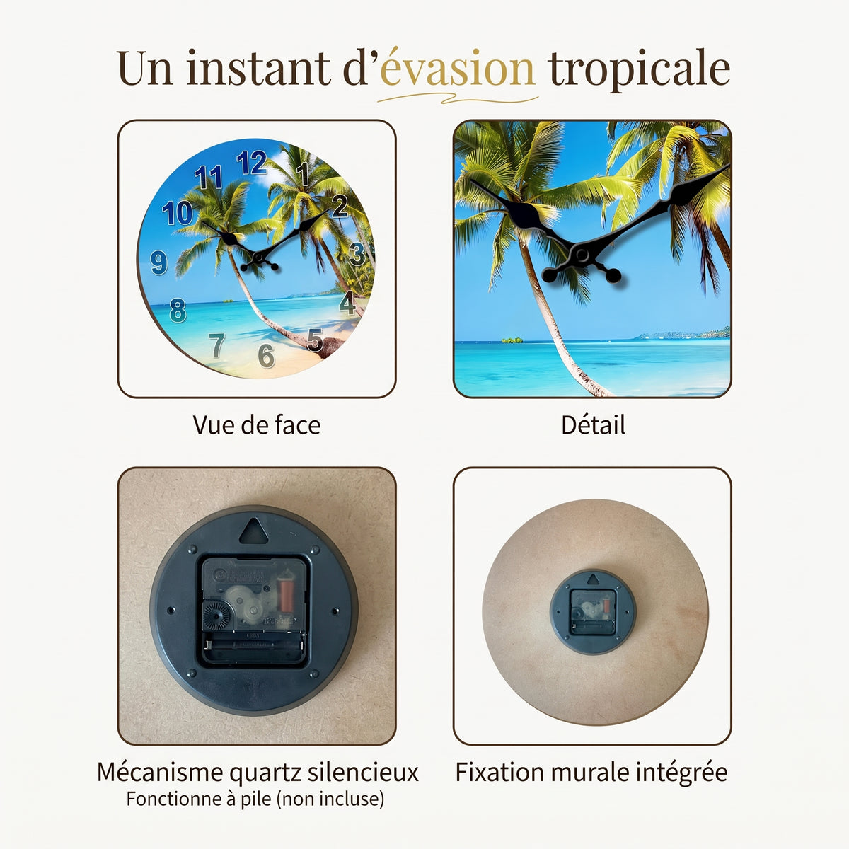 Horloge Murale Tropicale en Bois, Silencieuse – Palméa