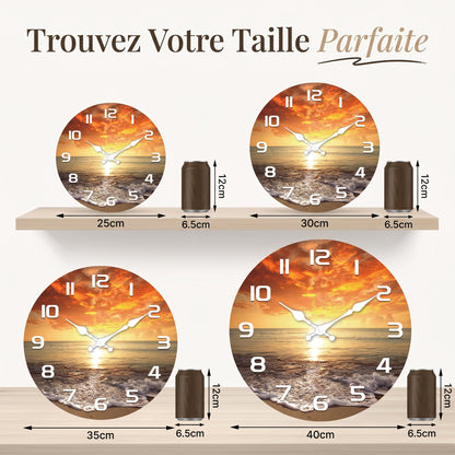 Horloge Murale Originale Plage et Coucher de Soleil en Bois, Silencieuse et Décorative – Sablonia
