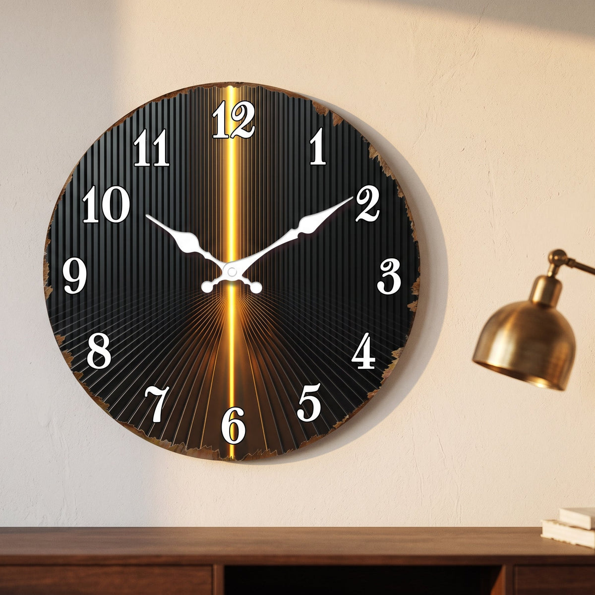 Horloge Murale Moderne Rayures Noir & Or, Silencieuse – Rayonna