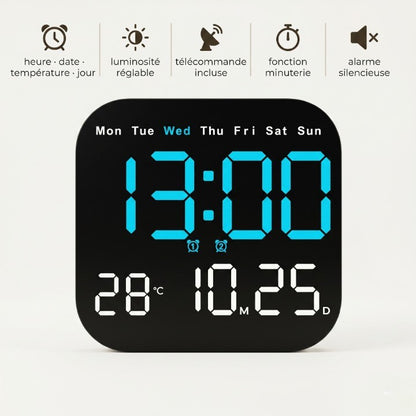 Réveil Mural LED Grand Format avec Télécommande et Double Alarme – Veltis