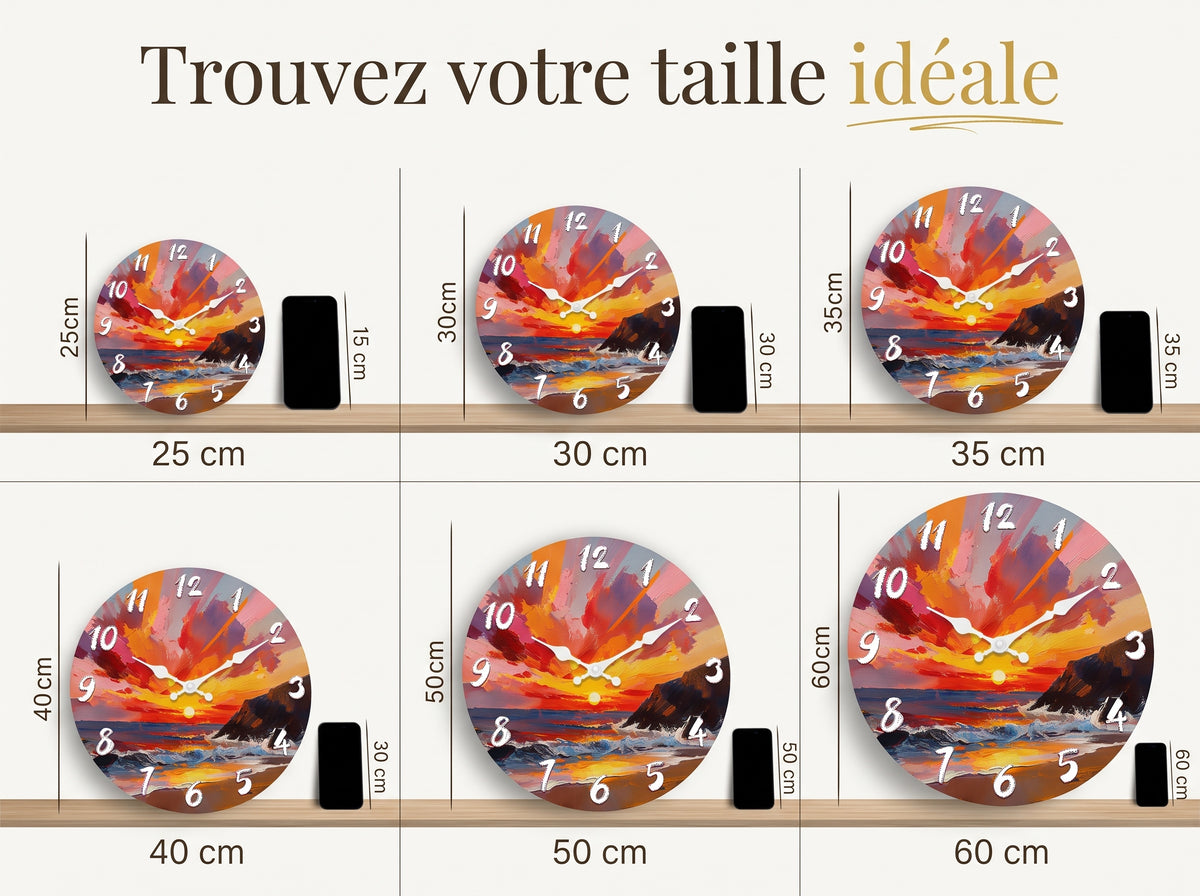 Horloge Murale en Bois Motif Coucher de Soleil Marin, Silencieuse – Horizéa