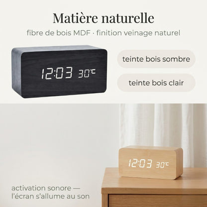 Réveil en Bois LED avec Température et 3 Alarmes – Niditon