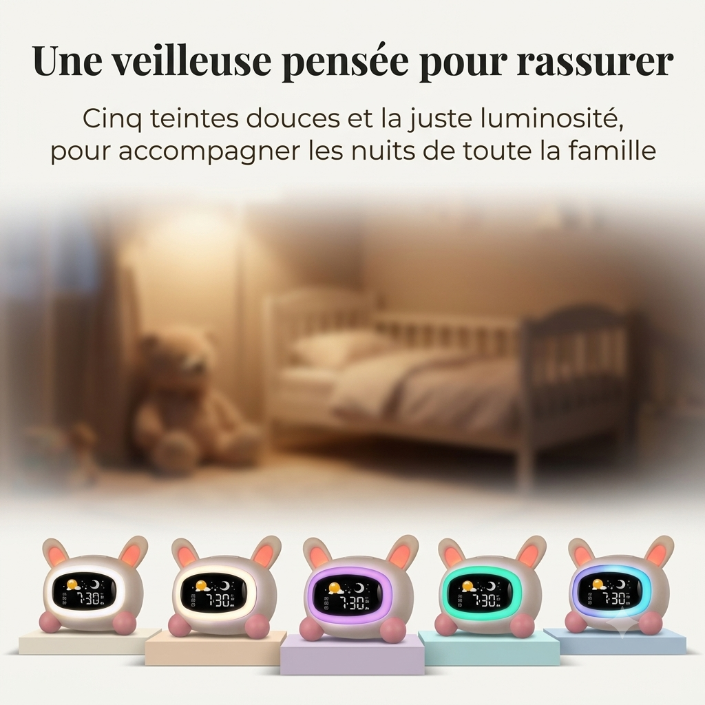 Réveil Enfant avec Entraînement au Sommeil, Sons Apaisants et 5 Motifs – Câlino